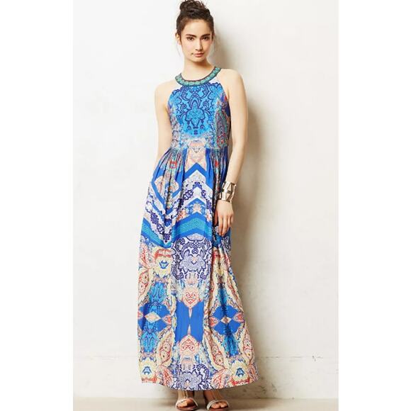 Ranna Gill Anthropologie Jewel Embellished Pleated Boteh Maxi Dress Multi Size 8 - Picture 1 of 15